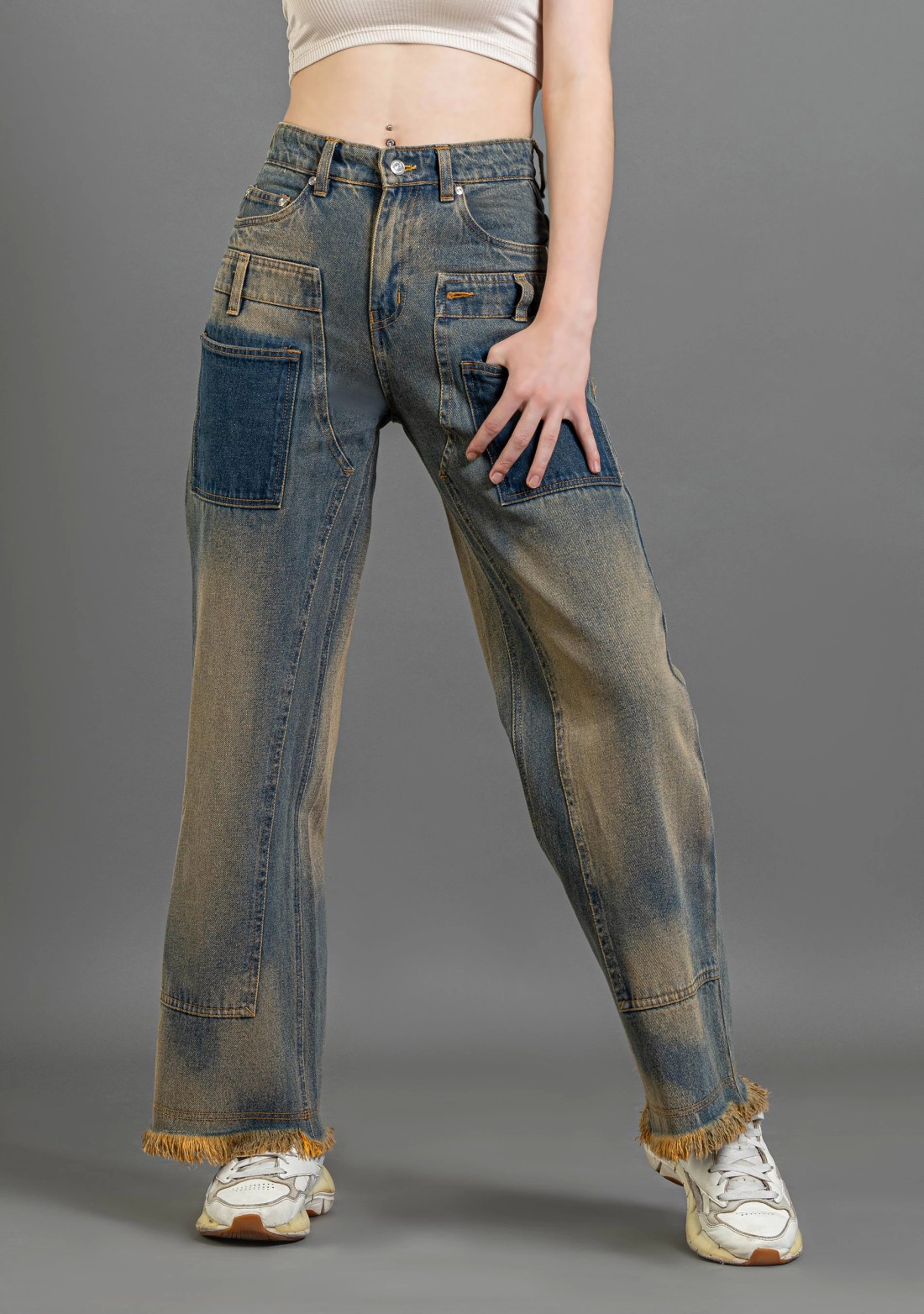 Beige and Blue Wide Leg Women's Fashion Jeans