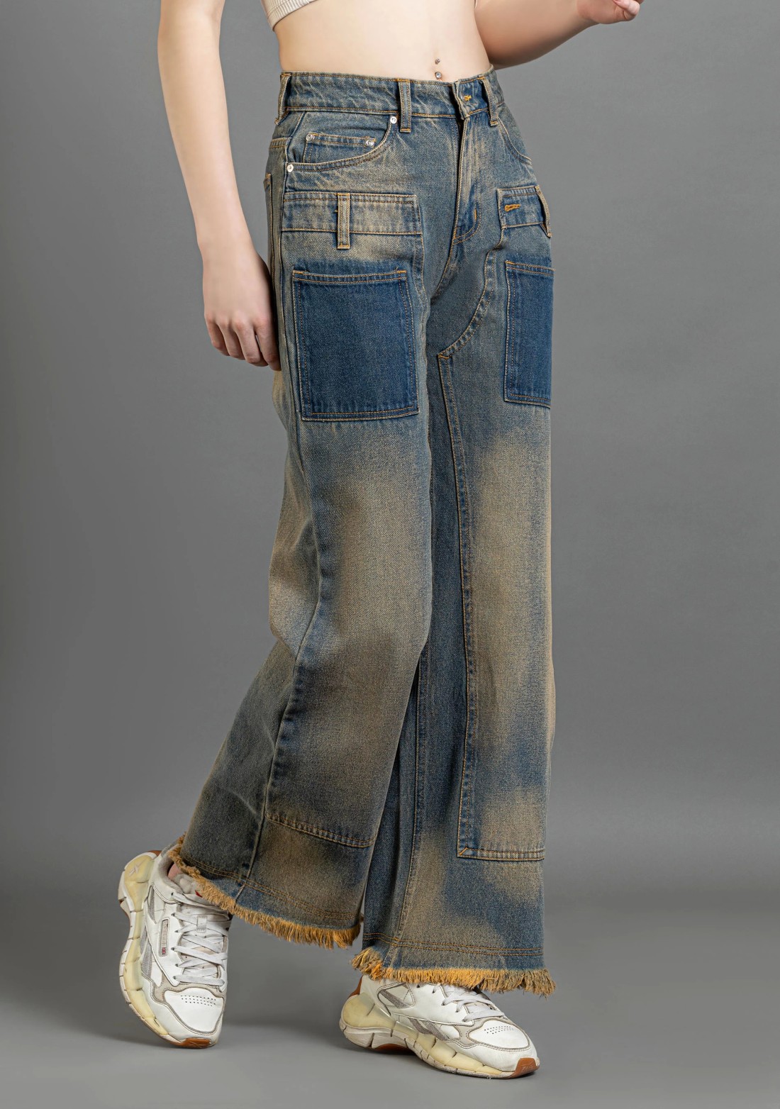 Beige and Blue Wide Leg Women's Fashion Jeans