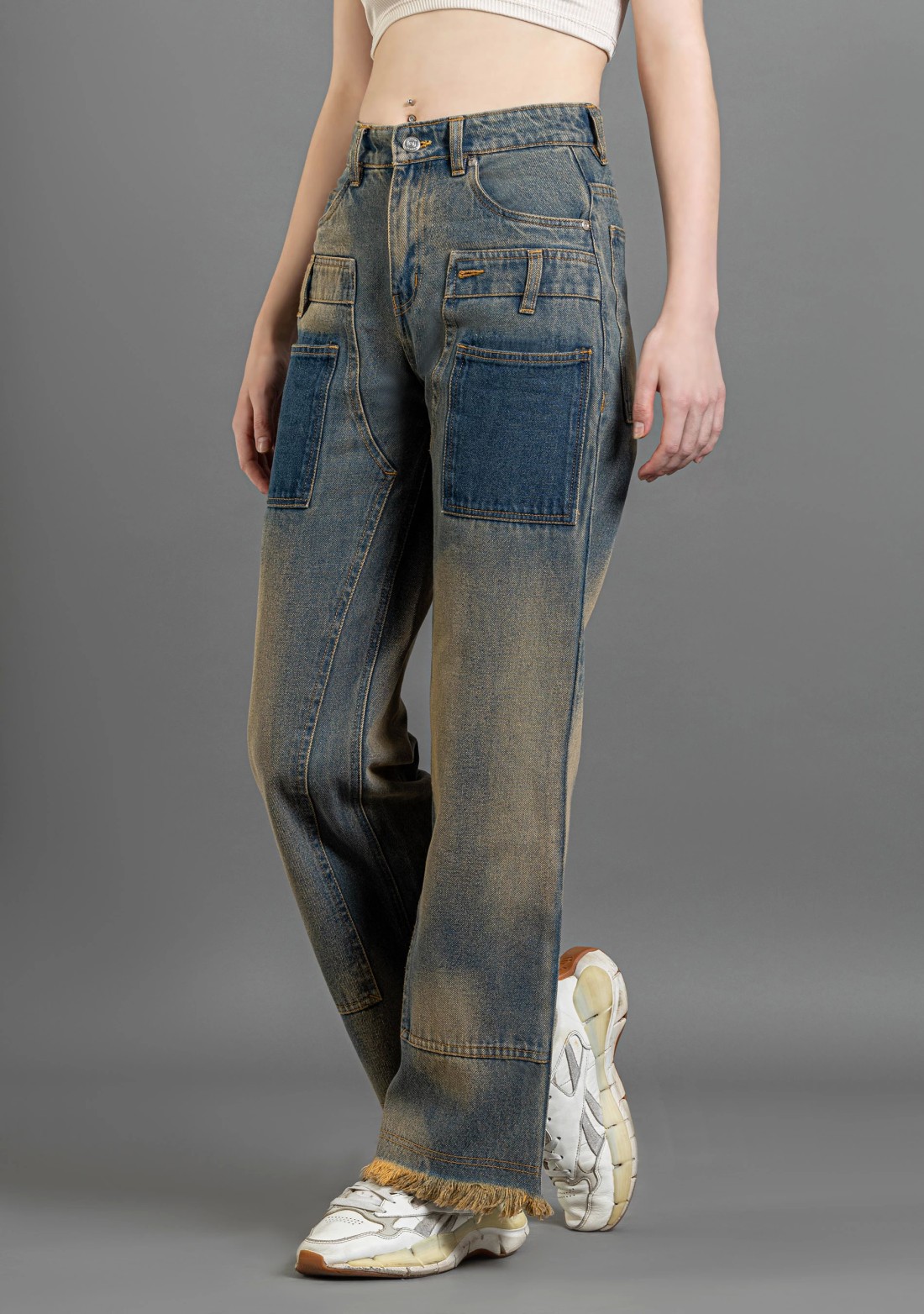 Beige and Blue Wide Leg Women's Fashion Jeans