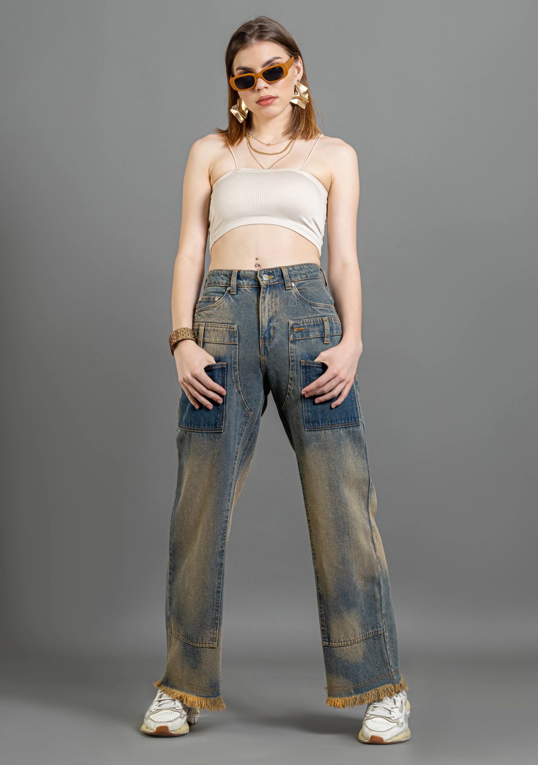 Beige and Blue Wide Leg Women's Fashion Jeans