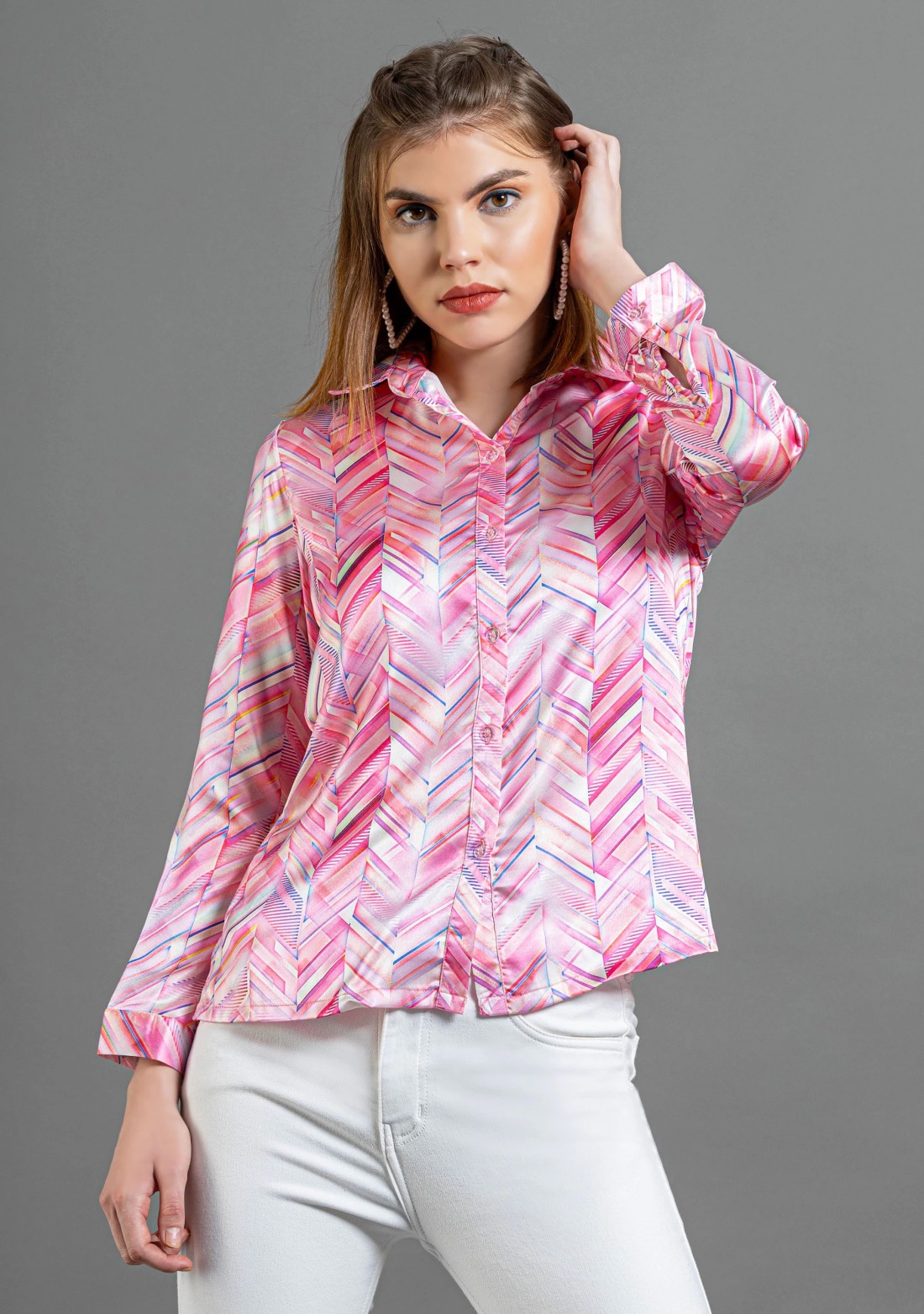 Pink Chevron Print Satin Shirt