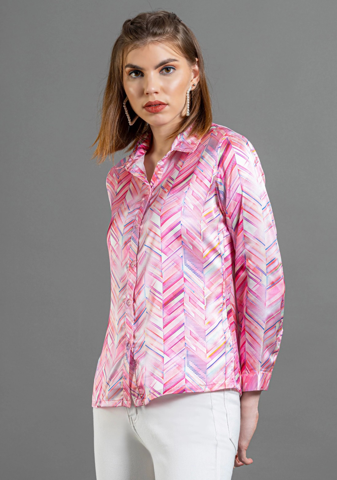 Pink Chevron Print Satin Shirt