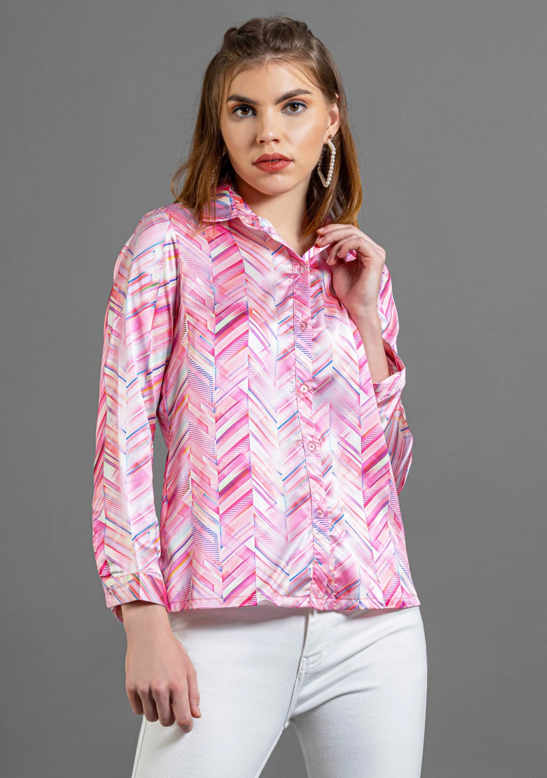 Pink Chevron Print Satin Shirt