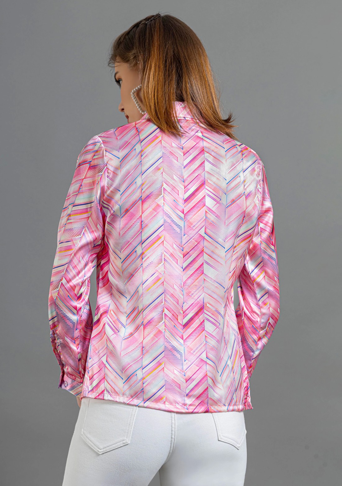 Pink Chevron Print Satin Shirt