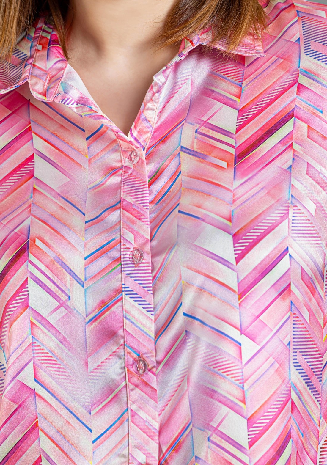 Pink Chevron Print Satin Shirt