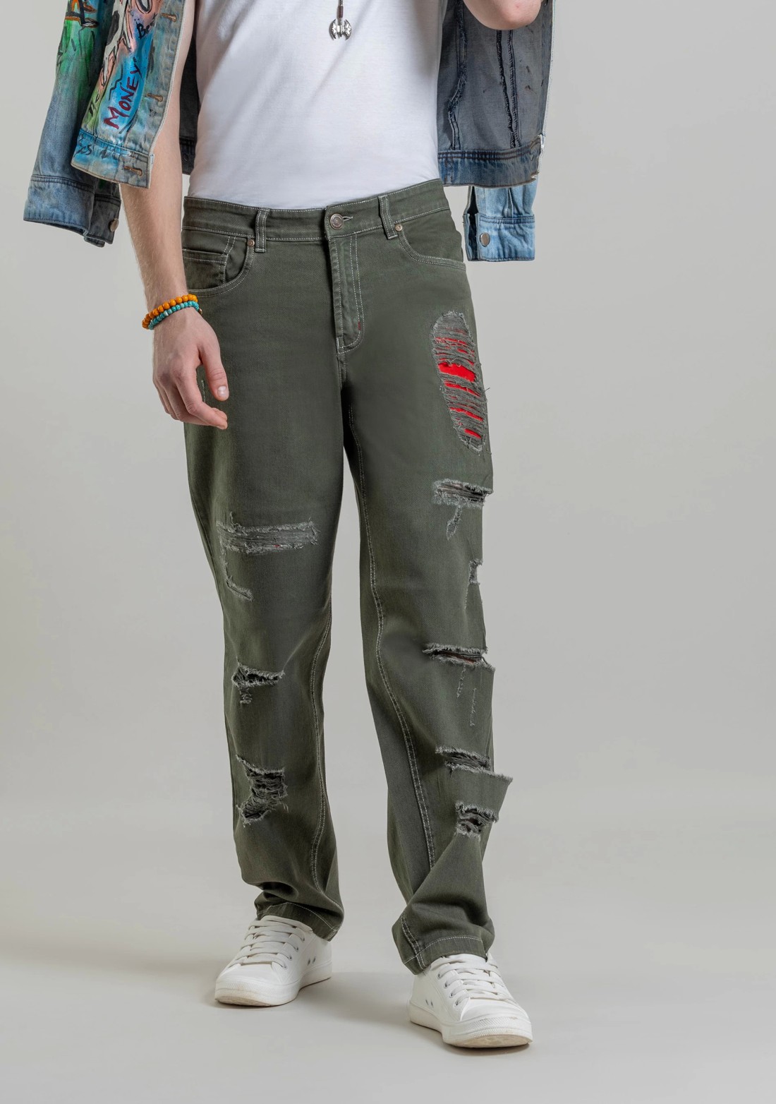 Olive Green Relaxed Straight Fit Men's Distressed Jeans