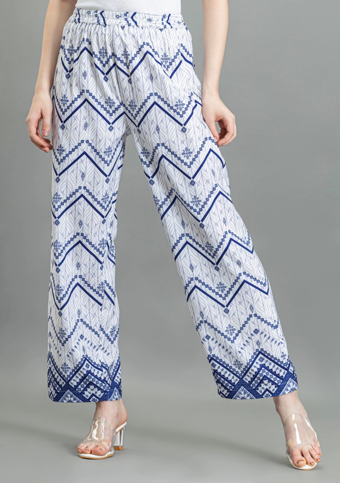 White & Blue Printed Palazzo Pants