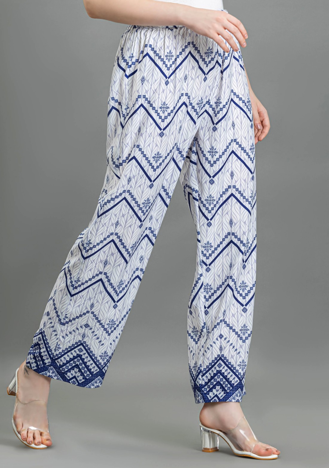 White & Blue Printed Palazzo Pants