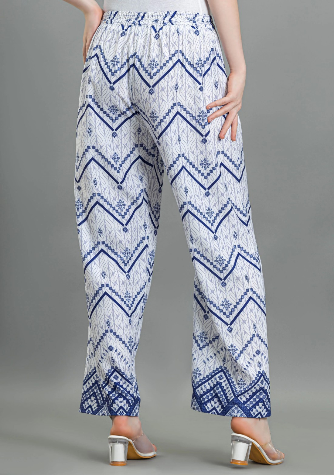 White & Blue Printed Palazzo Pants