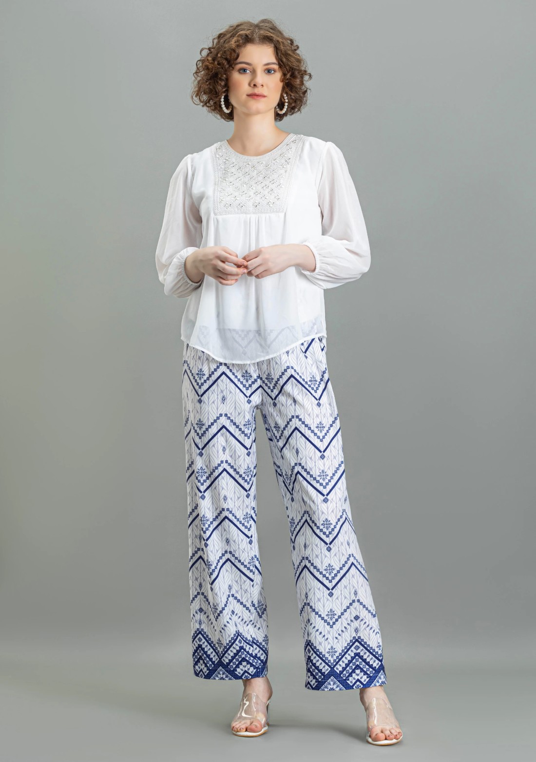 White & Blue Printed Palazzo Pants