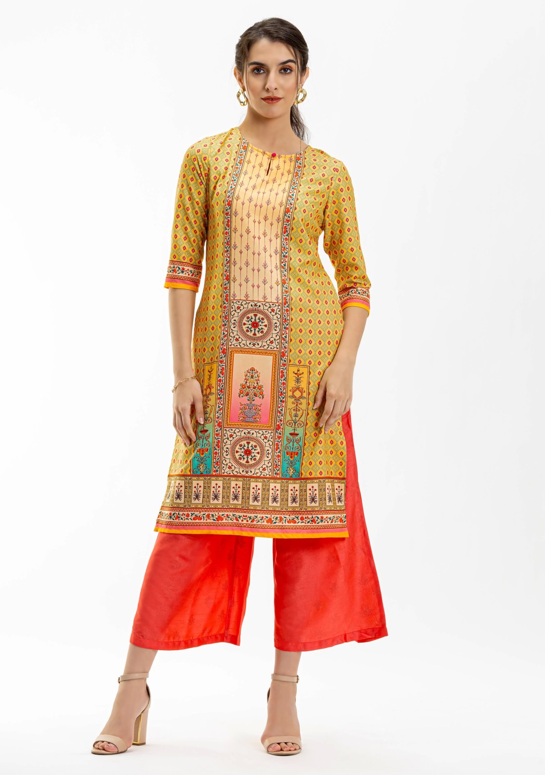 Yellow Ethnic Print Straight Kurta