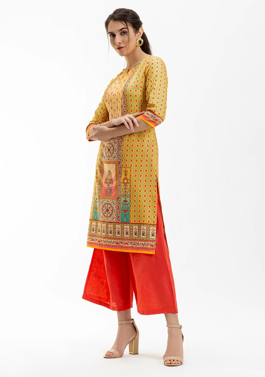 Yellow Ethnic Print Straight Kurta