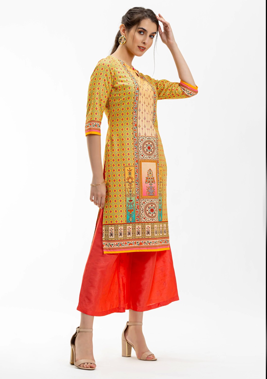 Yellow Ethnic Print Straight Kurta