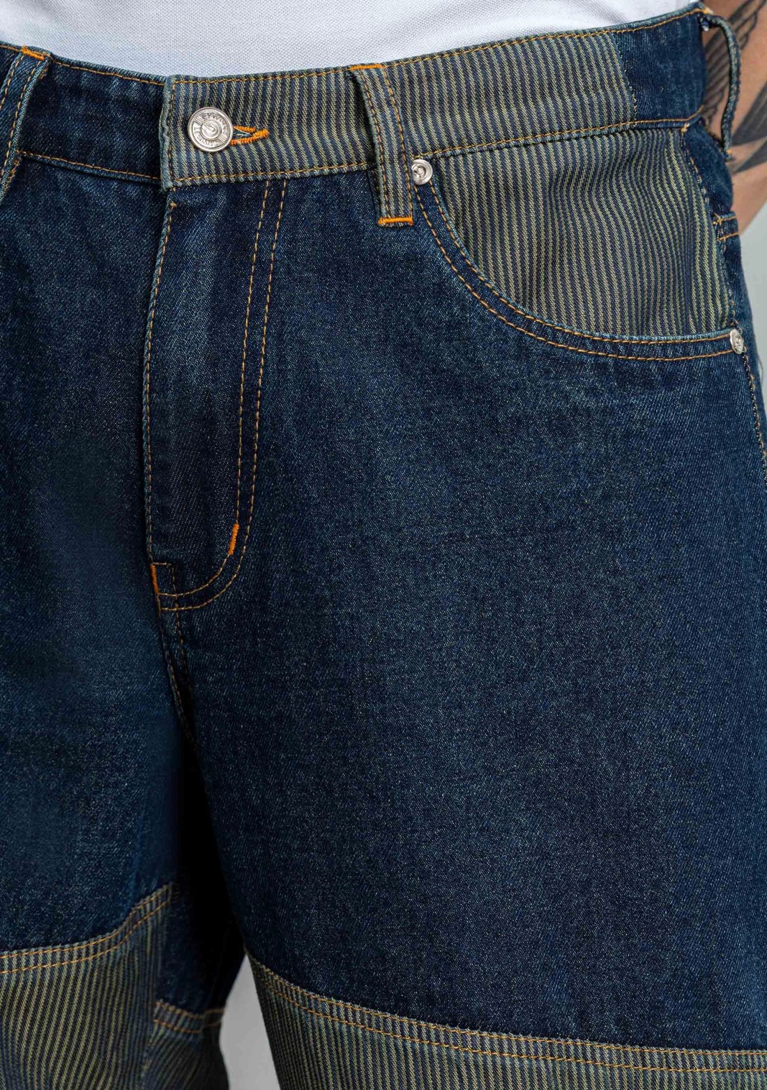 Blue Wide Leg Two Tone Panel Cargo Style Men's Jeans