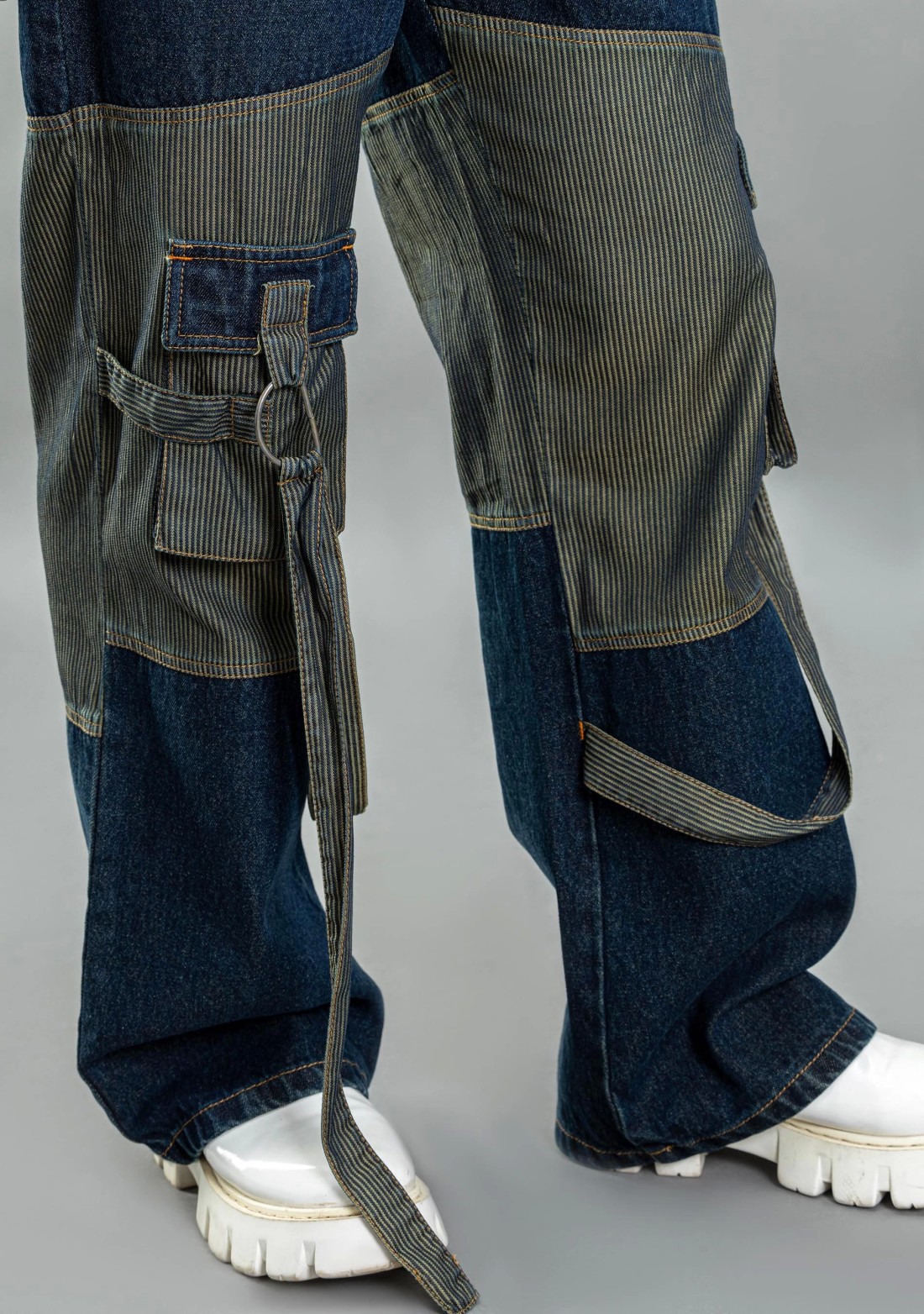 Blue Wide Leg Two Tone Panel Cargo Style Men's Jeans