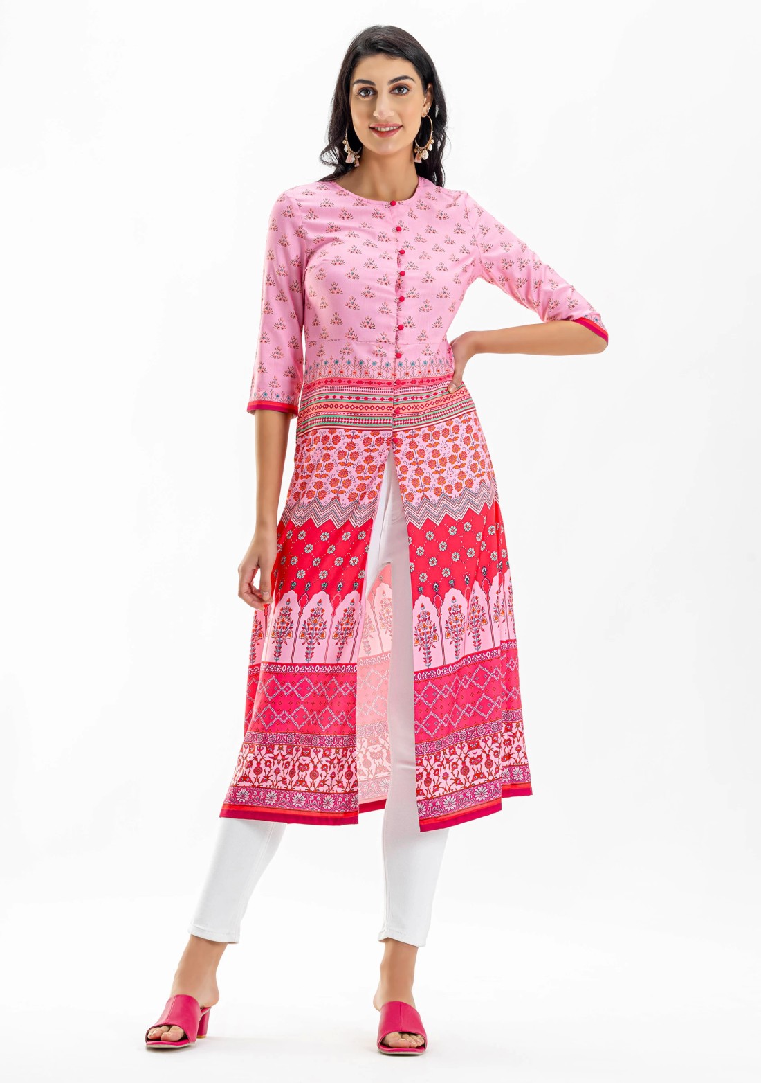 Pink Ethnic Print Centre Slit A-Line Flared Kurta