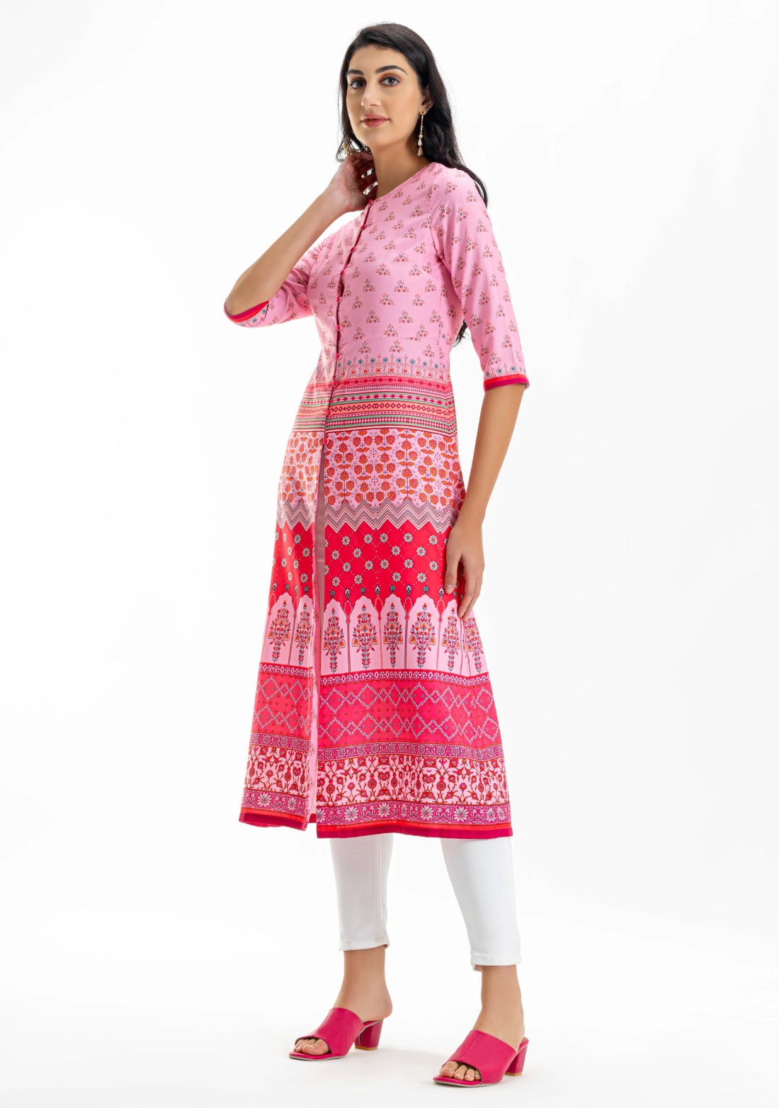 Pink Ethnic Print Centre Slit A-Line Flared Kurta