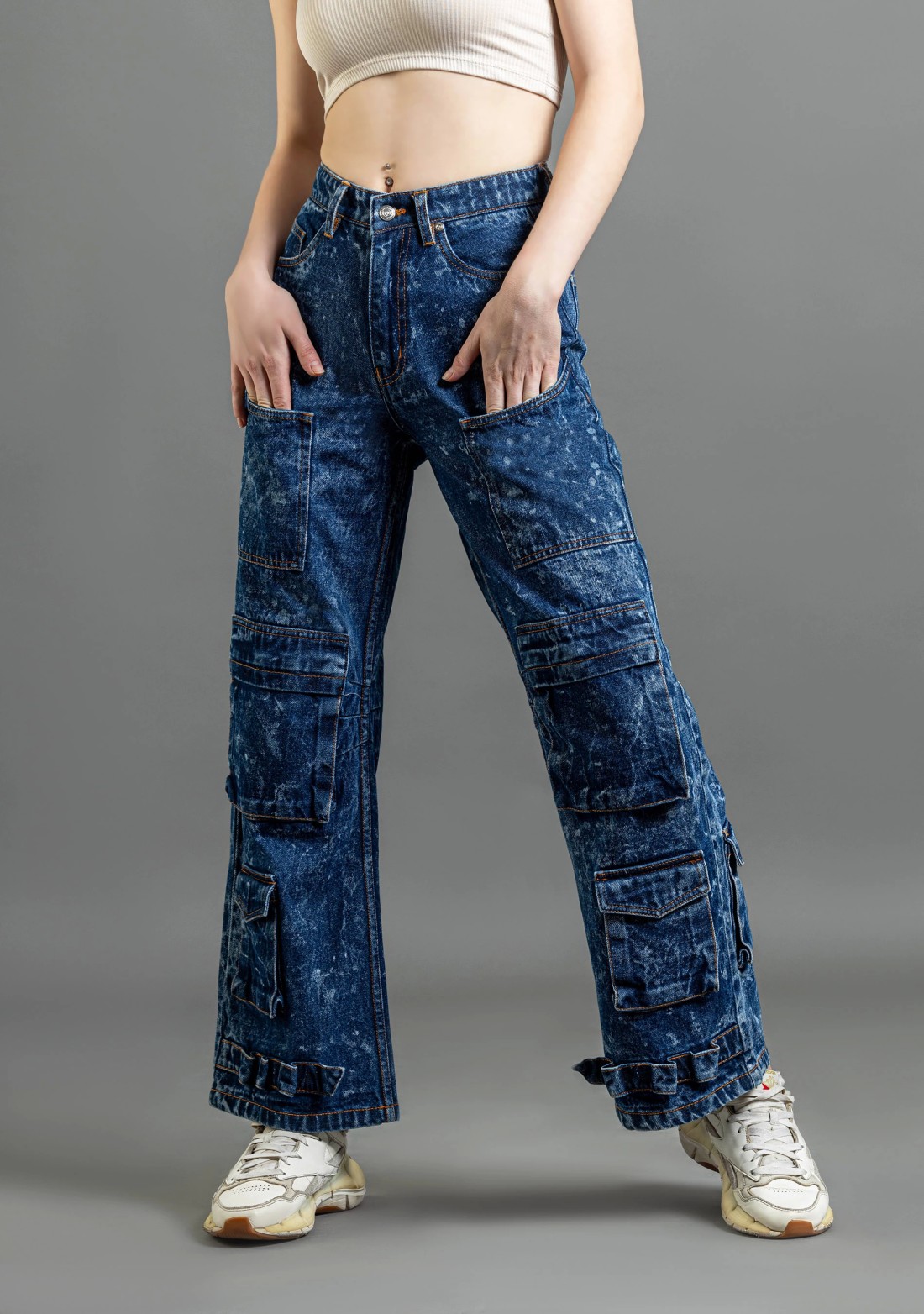 Blue Wide Leg Cargo Style Women's Fashion Jeans