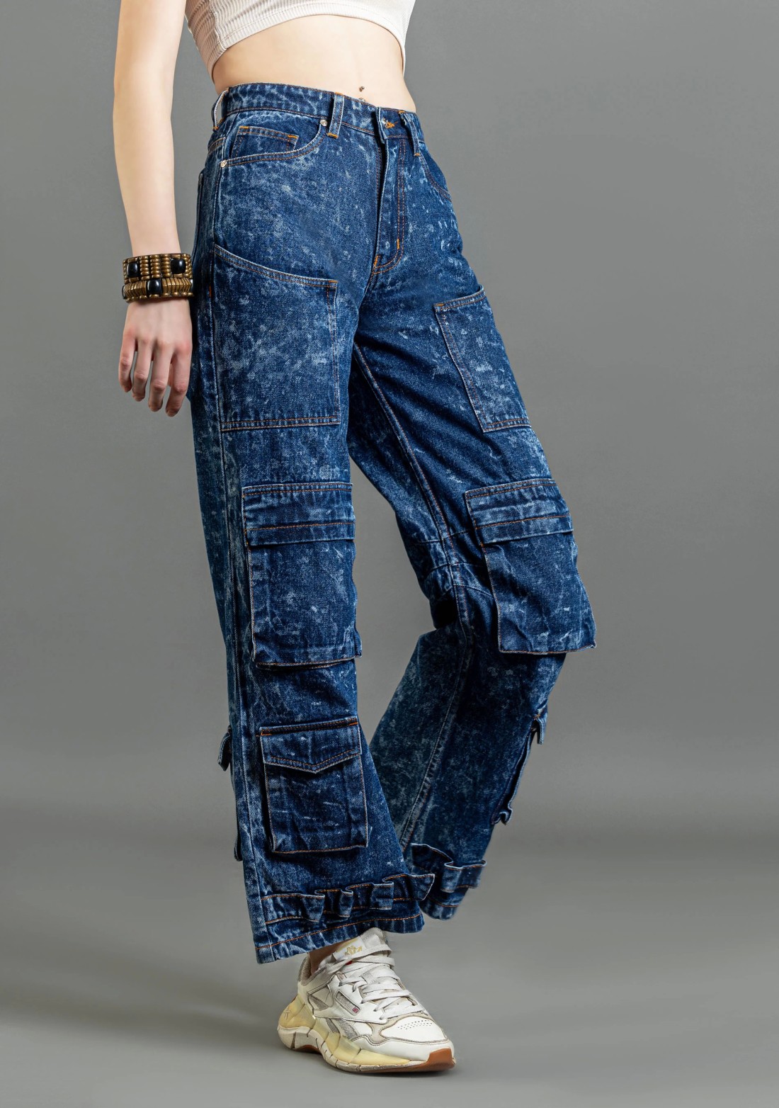 Blue Wide Leg Cargo Style Women's Fashion Jeans