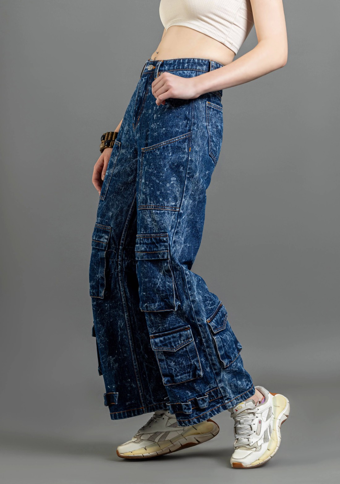 Blue Wide Leg Cargo Style Women's Fashion Jeans