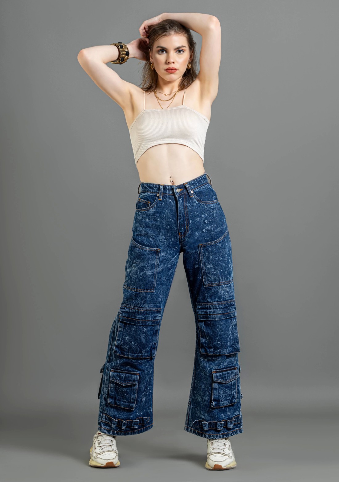 Blue Wide Leg Cargo Style Women's Fashion Jeans