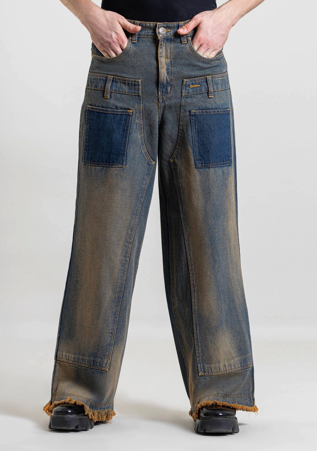 Beige and Blue Wide Leg Men's Patchwork Jeans