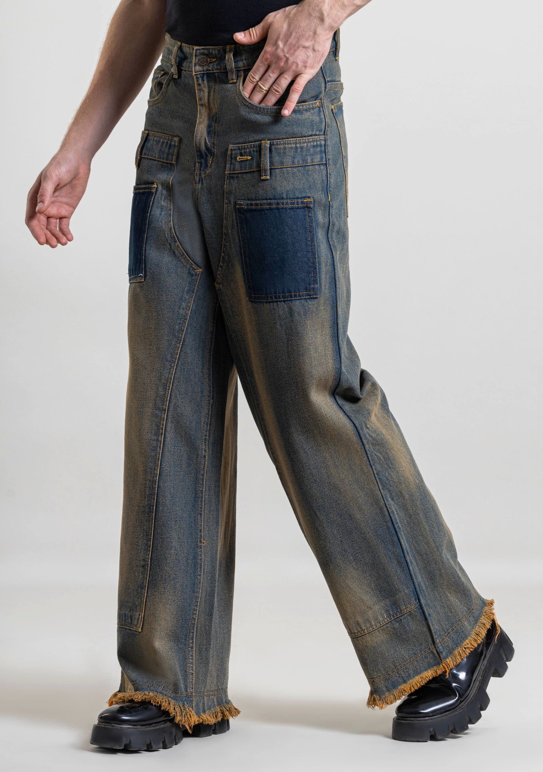 Beige and Blue Wide Leg Men's Patchwork Jeans