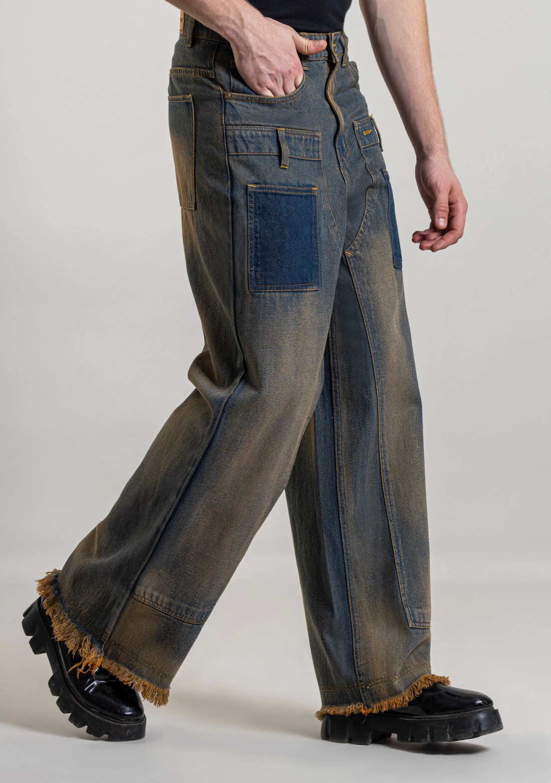 Beige and Blue Wide Leg Men's Patchwork Jeans