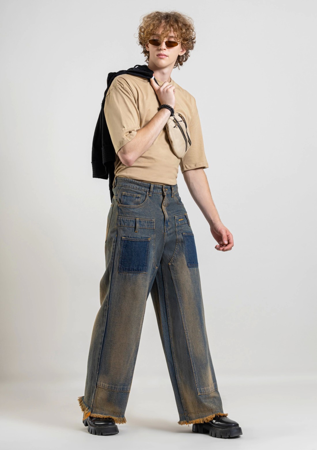 Beige and Blue Wide Leg Men's Patchwork Jeans