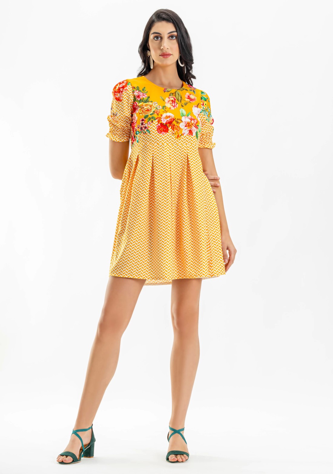 Yellow Floral Print Mini Dress