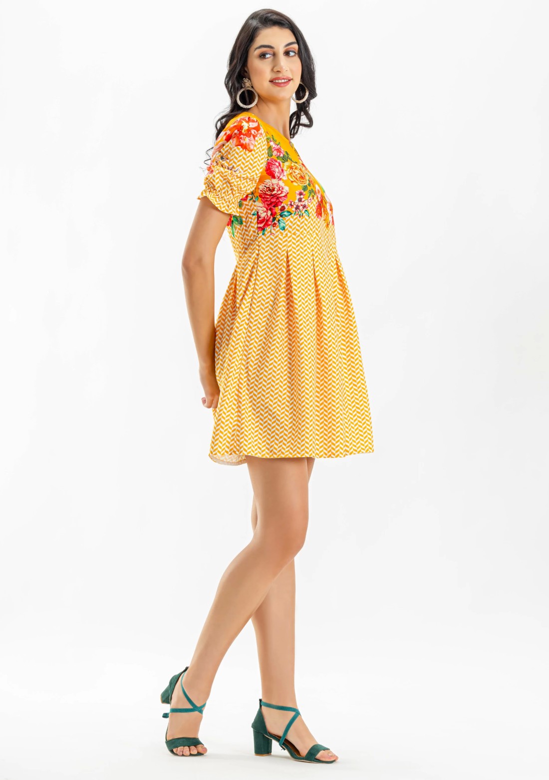 Yellow Floral Print Mini Dress