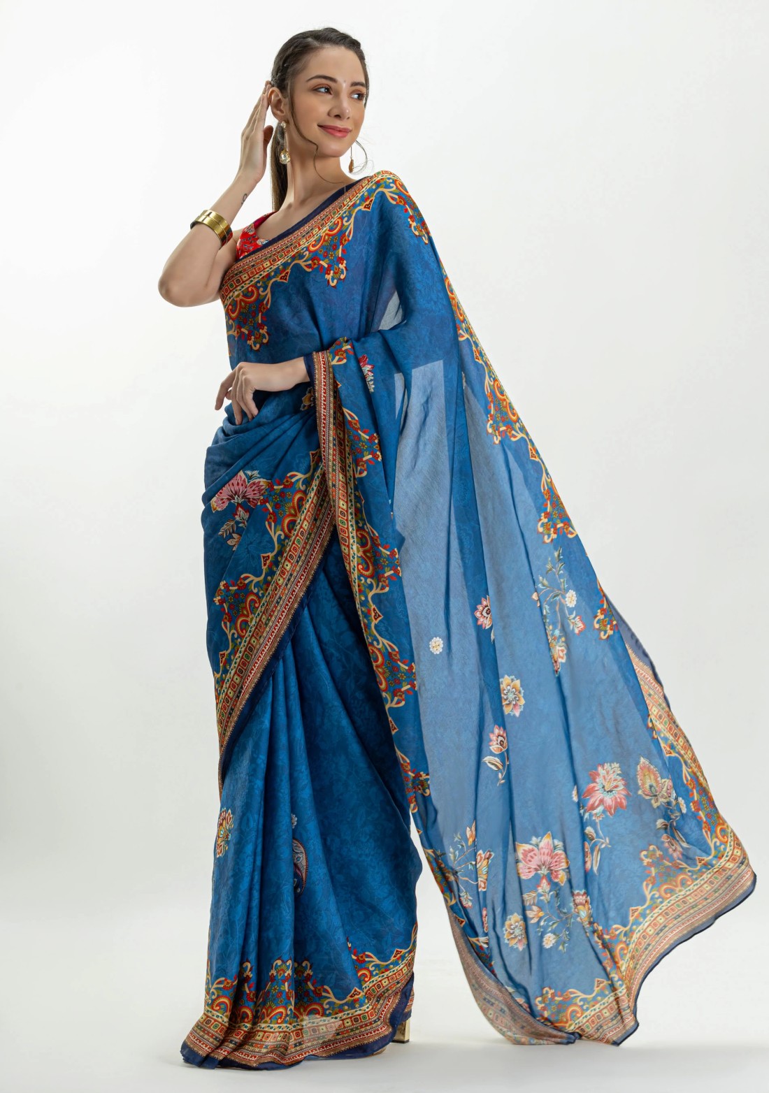 Blue Ethnic Print Lightweight Satin Georgette Saree with Unstitched Blouse