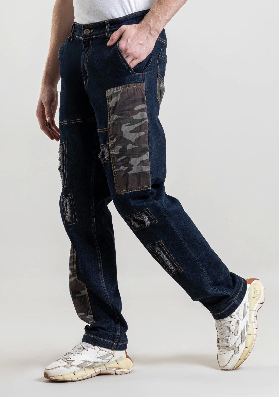 Dark Blue Straight Fit Men's Jeans with Camouflage Patch