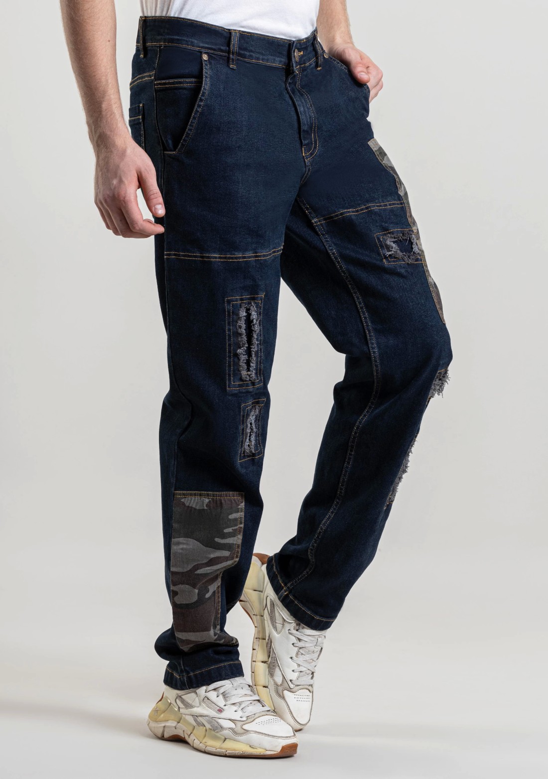 Dark Blue Straight Fit Men's Jeans with Camouflage Patch