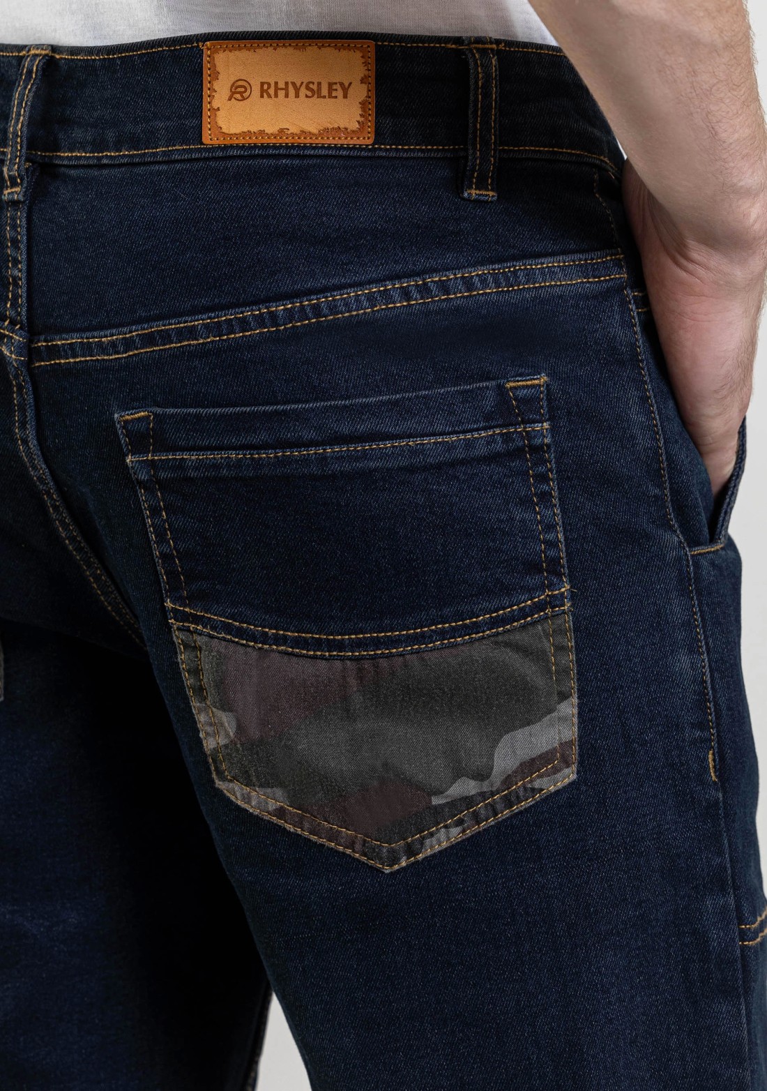 Dark Blue Straight Fit Men's Jeans with Camouflage Patch