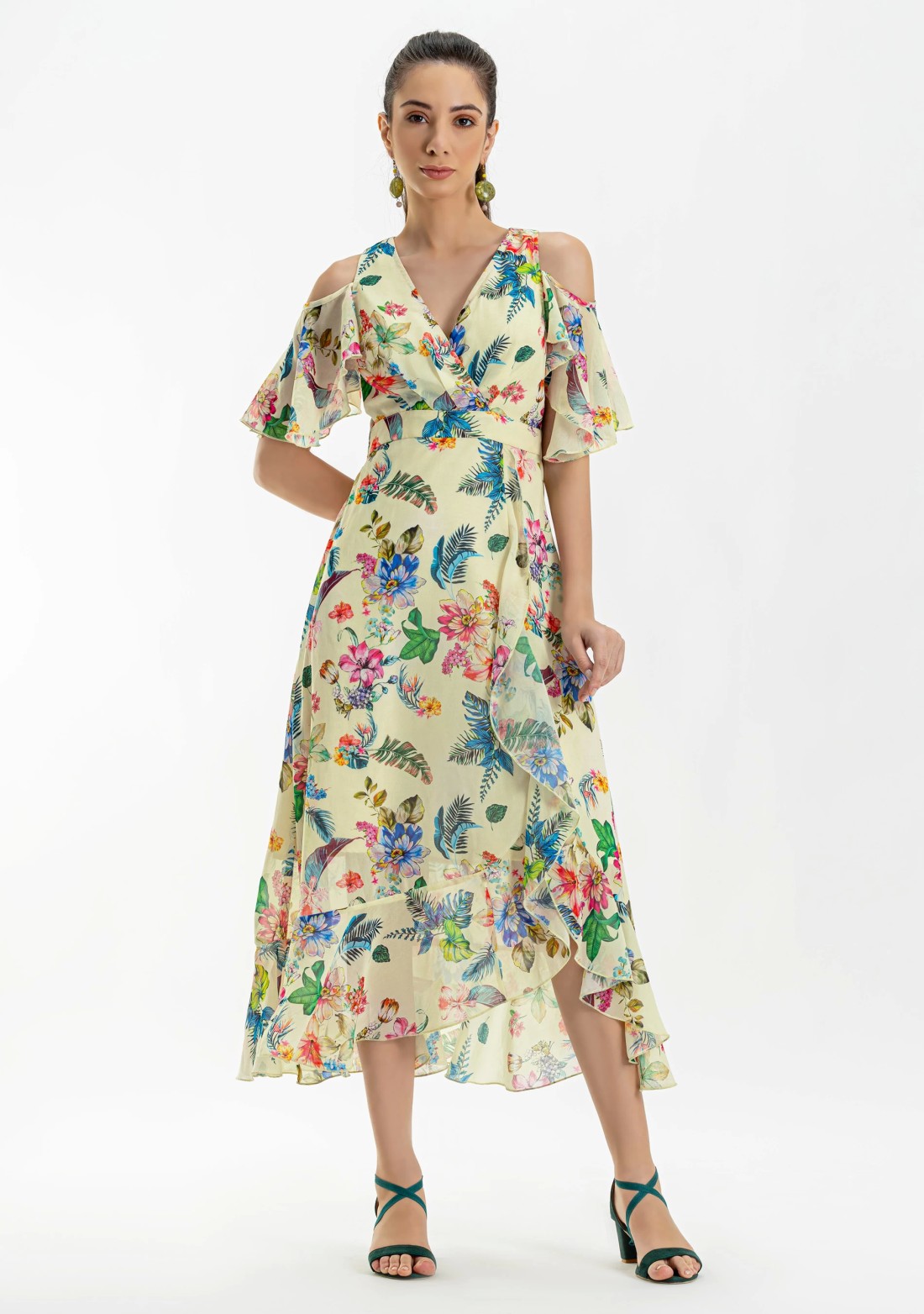 Cream Tropical Print Georgette Flared Long Dress
