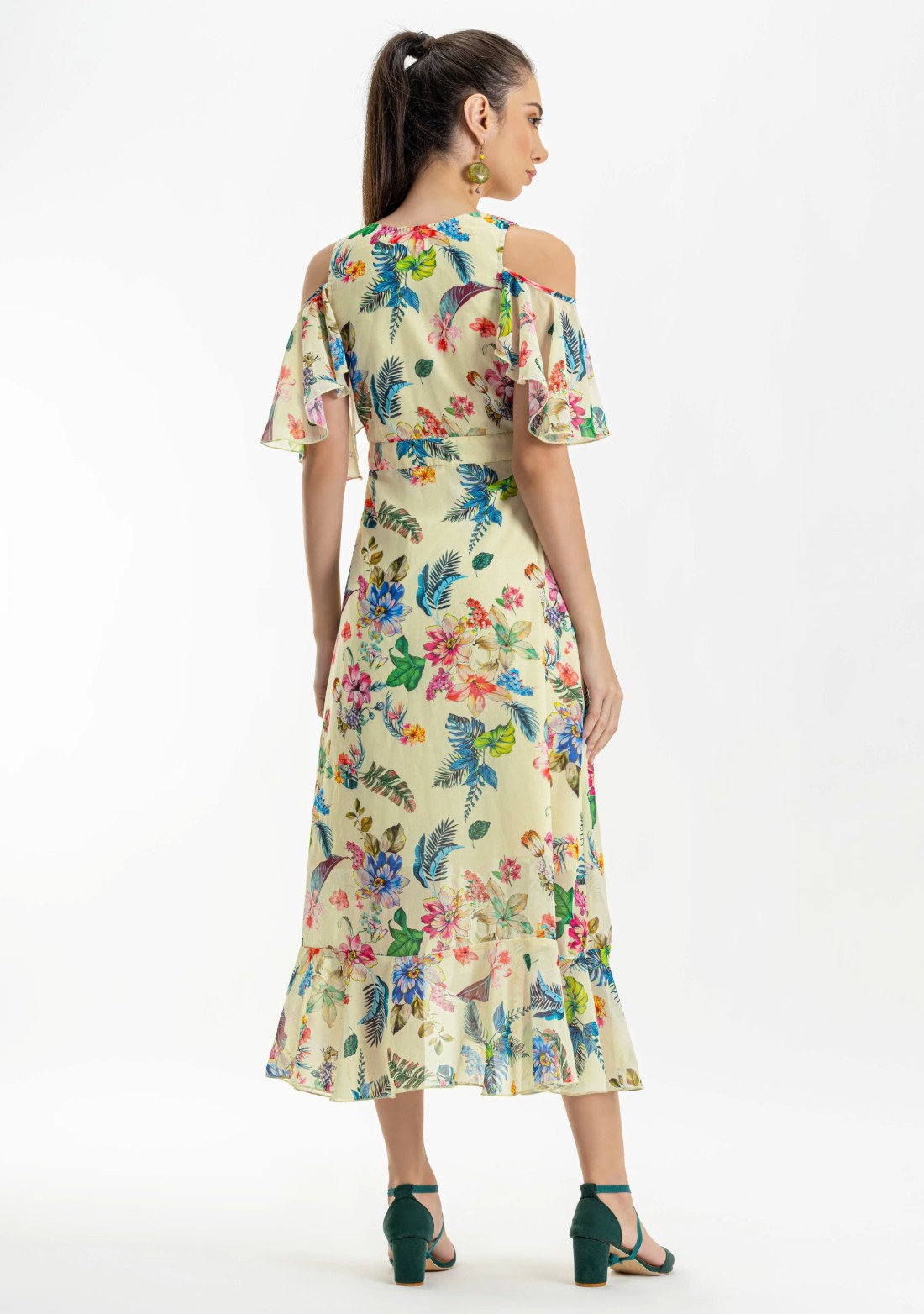 Cream Tropical Print Georgette Flared Long Dress