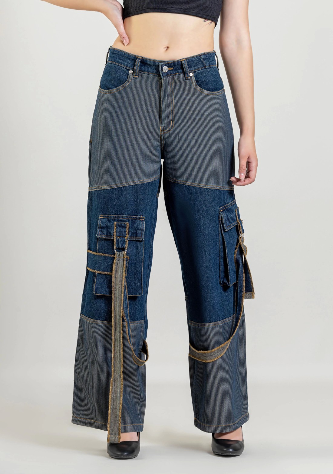 Blue Wide Leg Two Tone Panel Cargo Style Women's Jeans