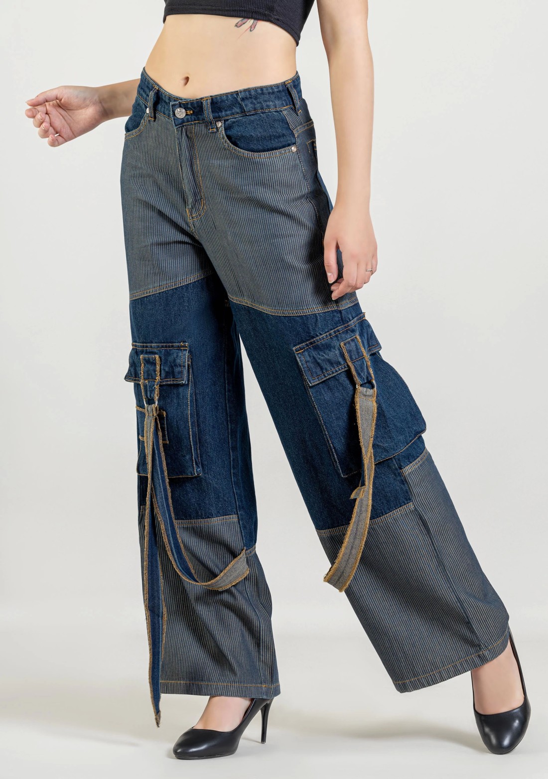 Blue Wide Leg Two Tone Panel Cargo Style Women's Jeans