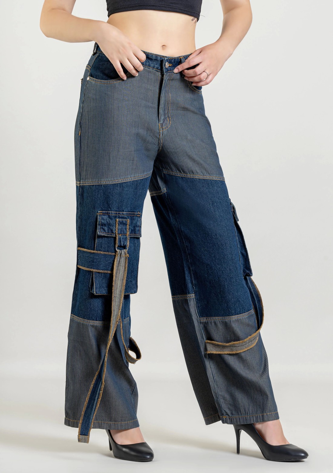 Blue Wide Leg Two Tone Panel Cargo Style Women's Jeans