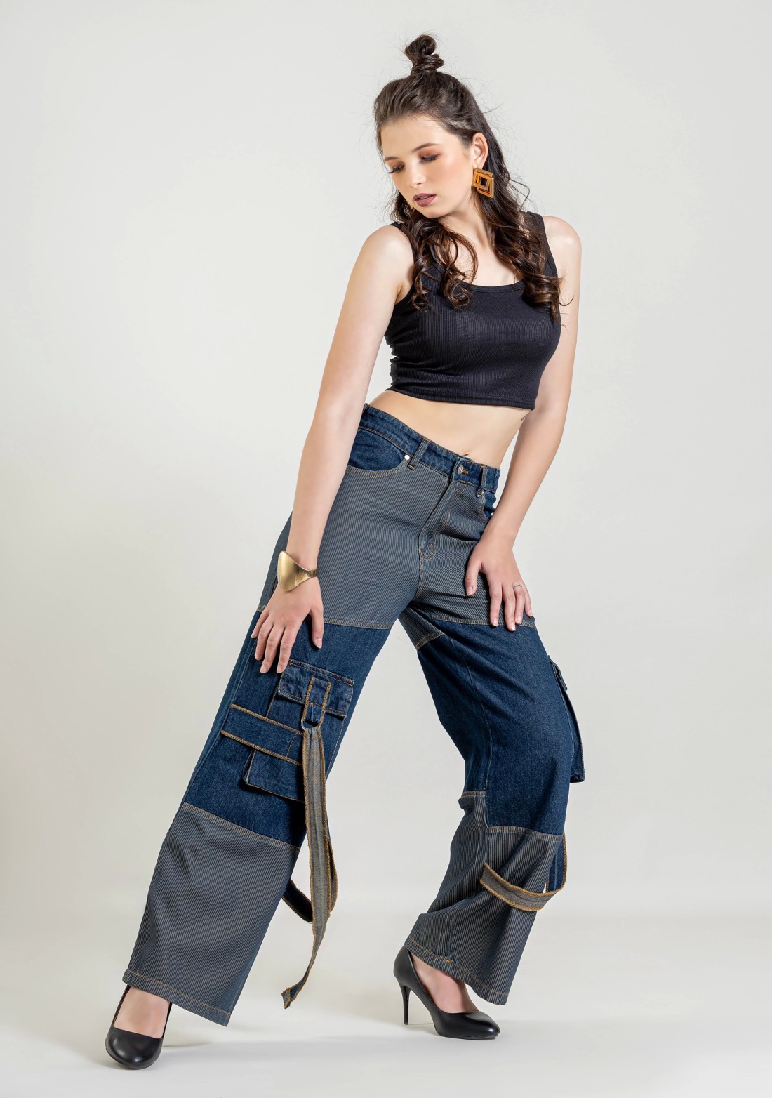 Blue Wide Leg Two Tone Panel Cargo Style Women's Jeans