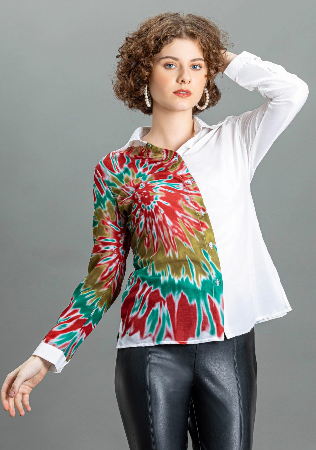 Multi Colour Tie and Dye Placement Print Muslin Shirt