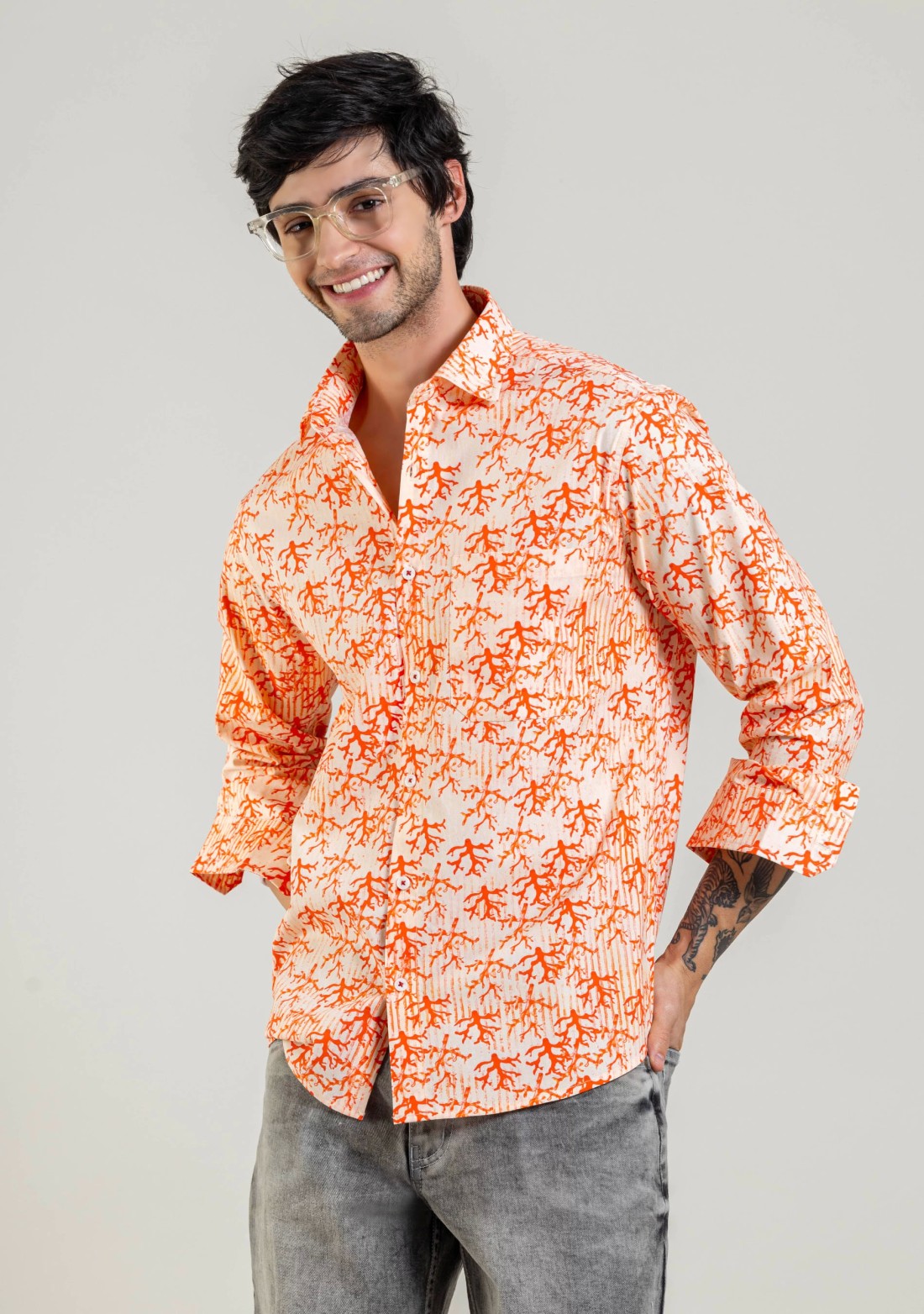 Peach Regular Fit Printed Men's Cotton Shirt