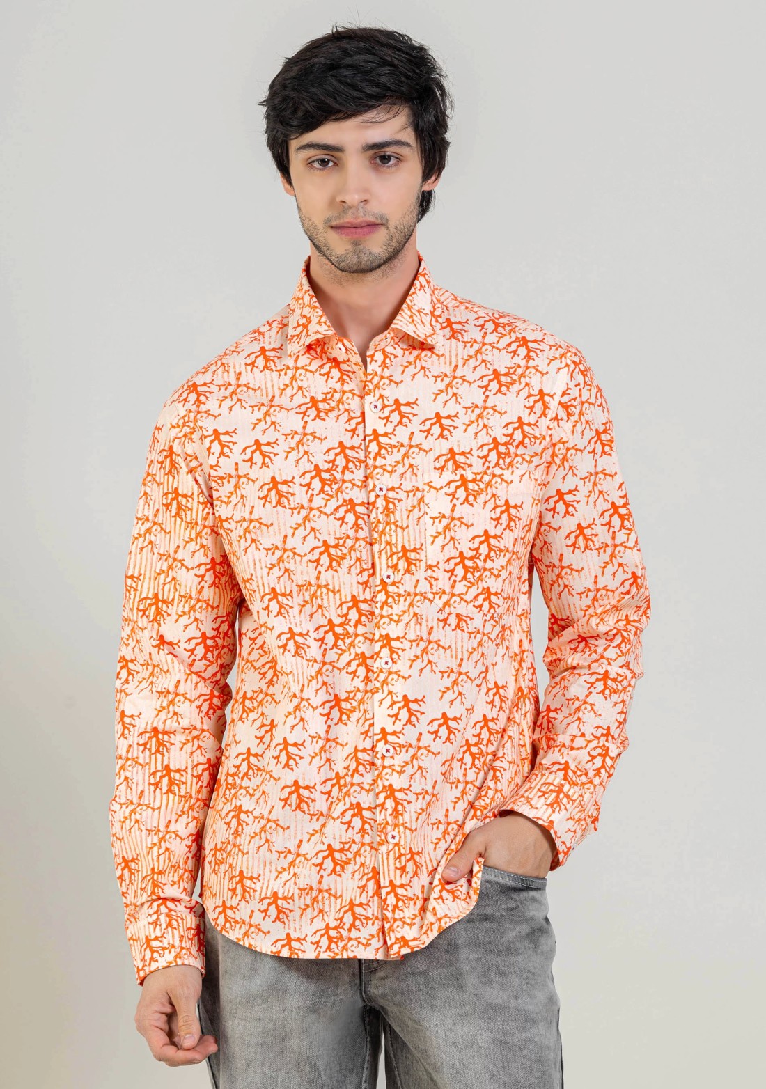 Peach Regular Fit Printed Men's Cotton Shirt