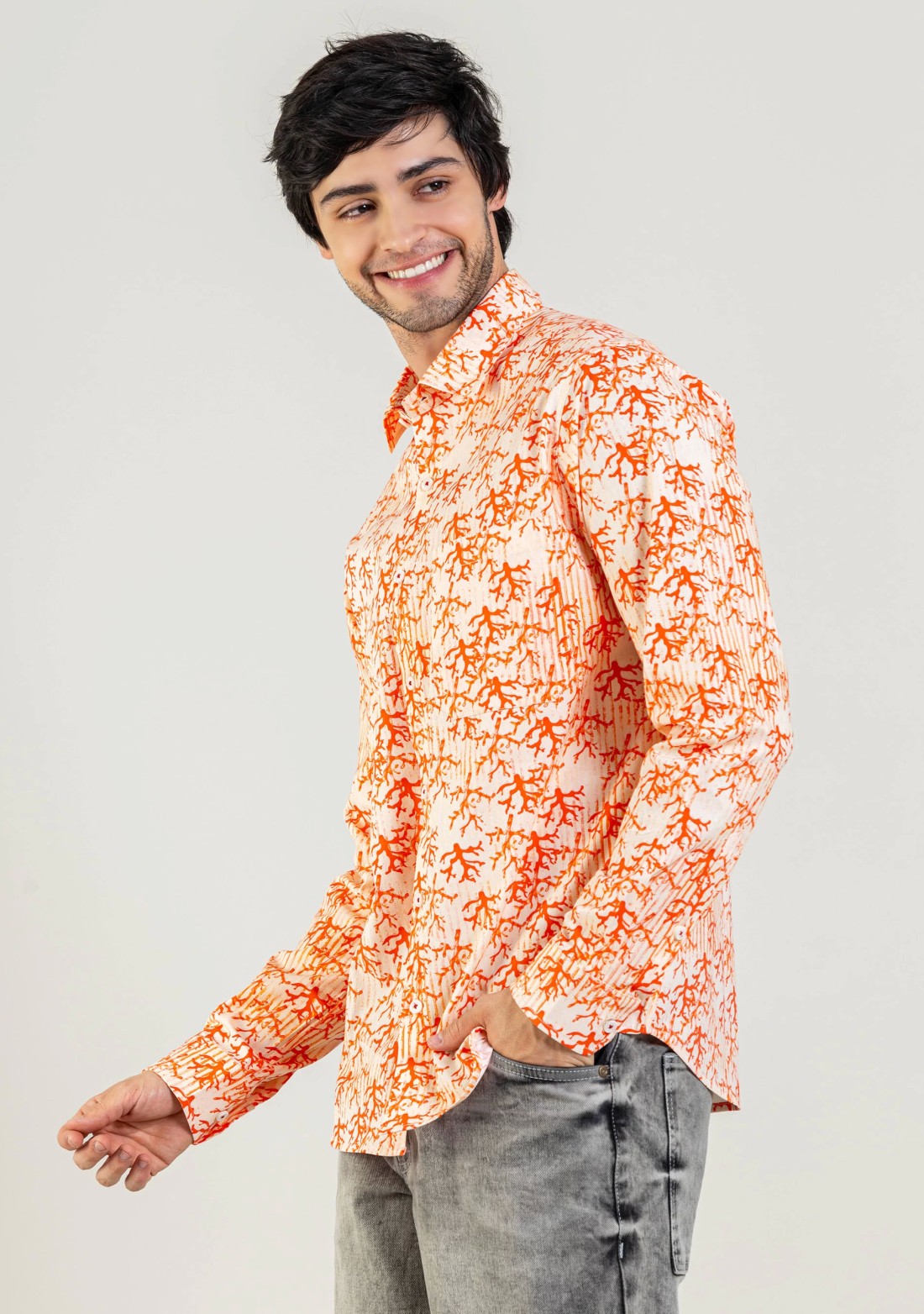 Peach Regular Fit Printed Men's Cotton Shirt