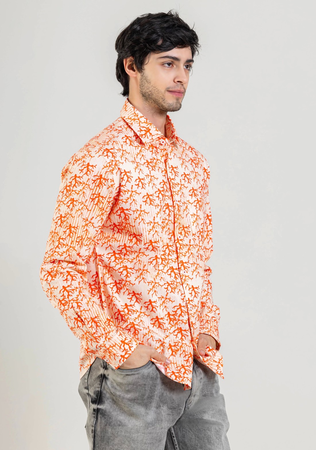 Peach Regular Fit Printed Men's Cotton Shirt