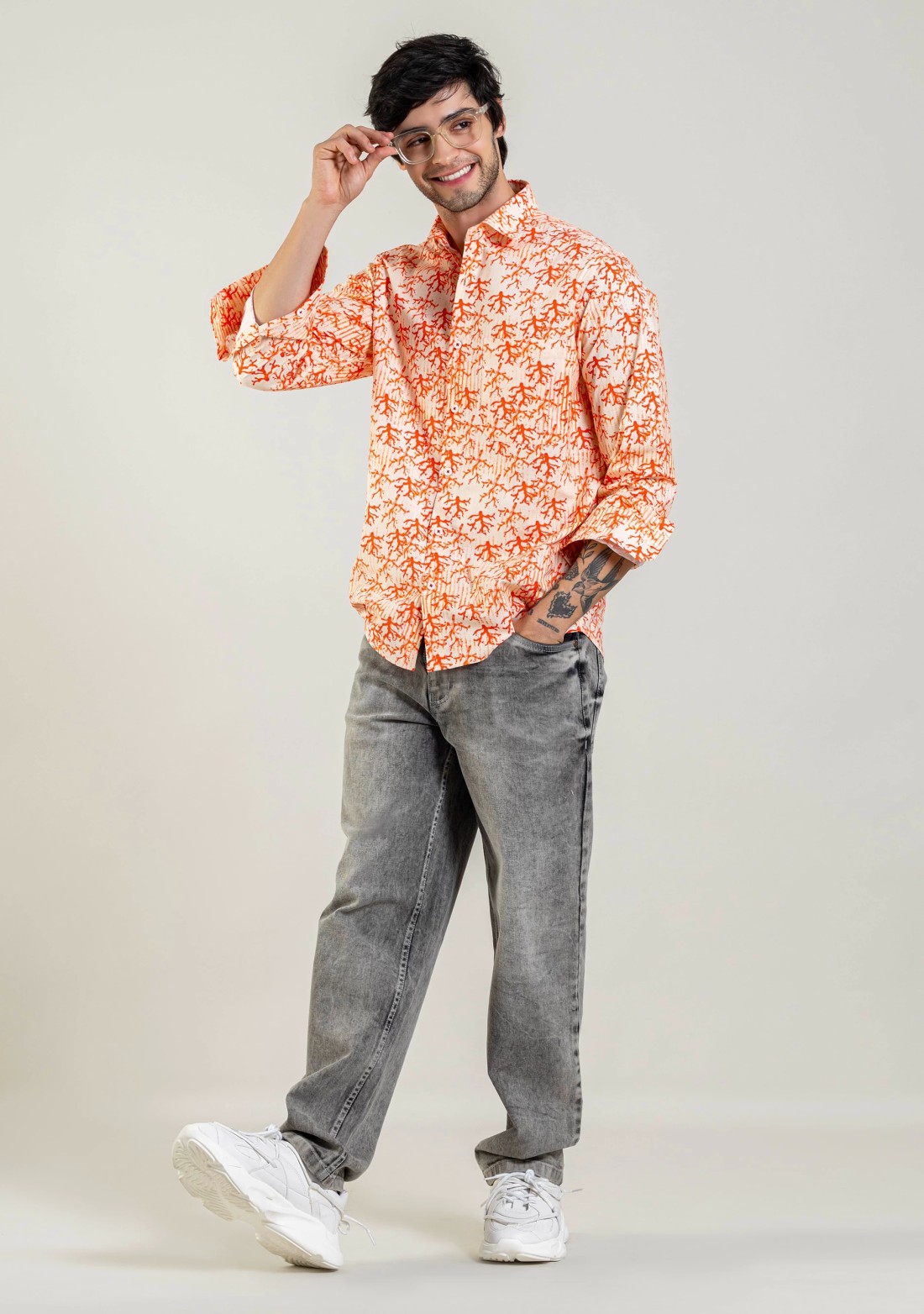 Peach Regular Fit Printed Men's Cotton Shirt