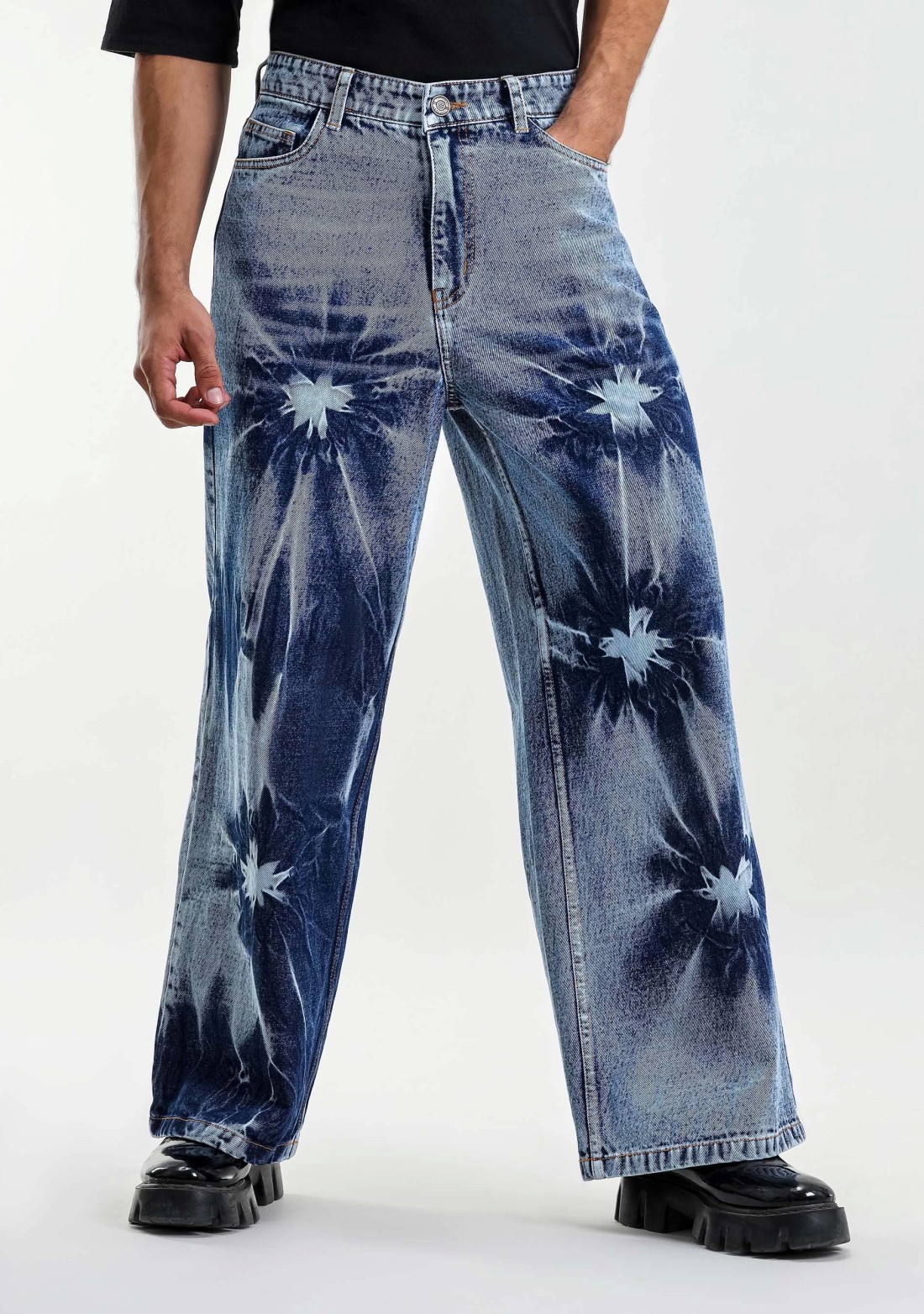 Blue Wide Leg Tie And Dye Men's Fashion Jeans