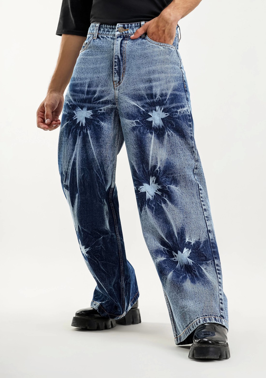 Blue Wide Leg Tie And Dye Men's Fashion Jeans