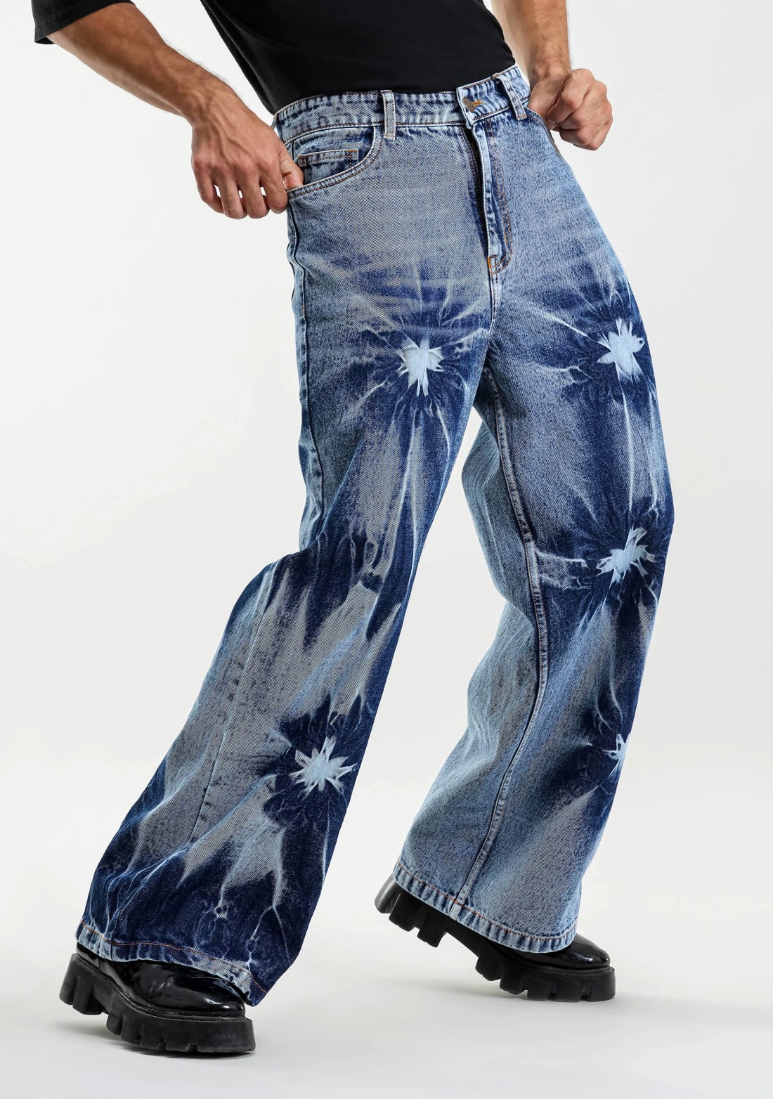 Blue Wide Leg Tie And Dye Men's Fashion Jeans